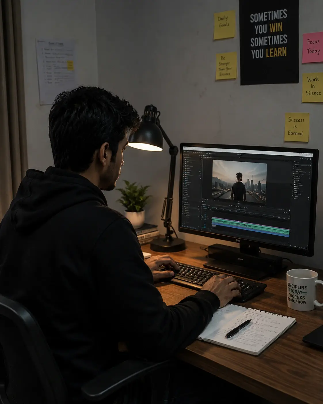 Origins, 2019: editing a video at a small desk under a lamp, sticky notes on the wall