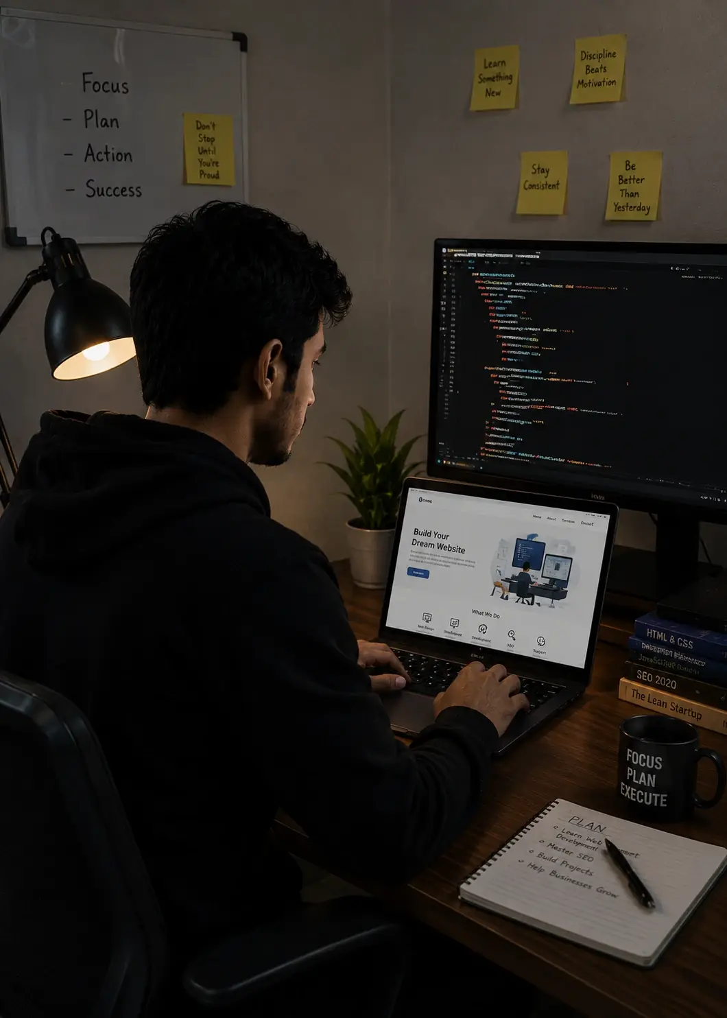 Discovery, 2020: working on a laptop beside a monitor full of code