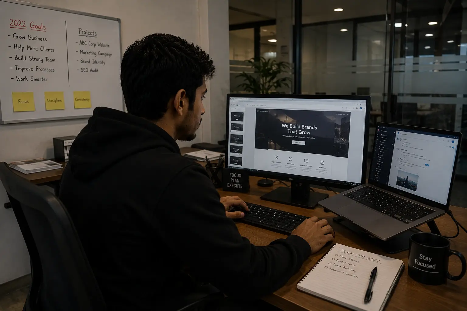 Industry, 2022: designing an agency website in an office, the year’s goals on a whiteboard