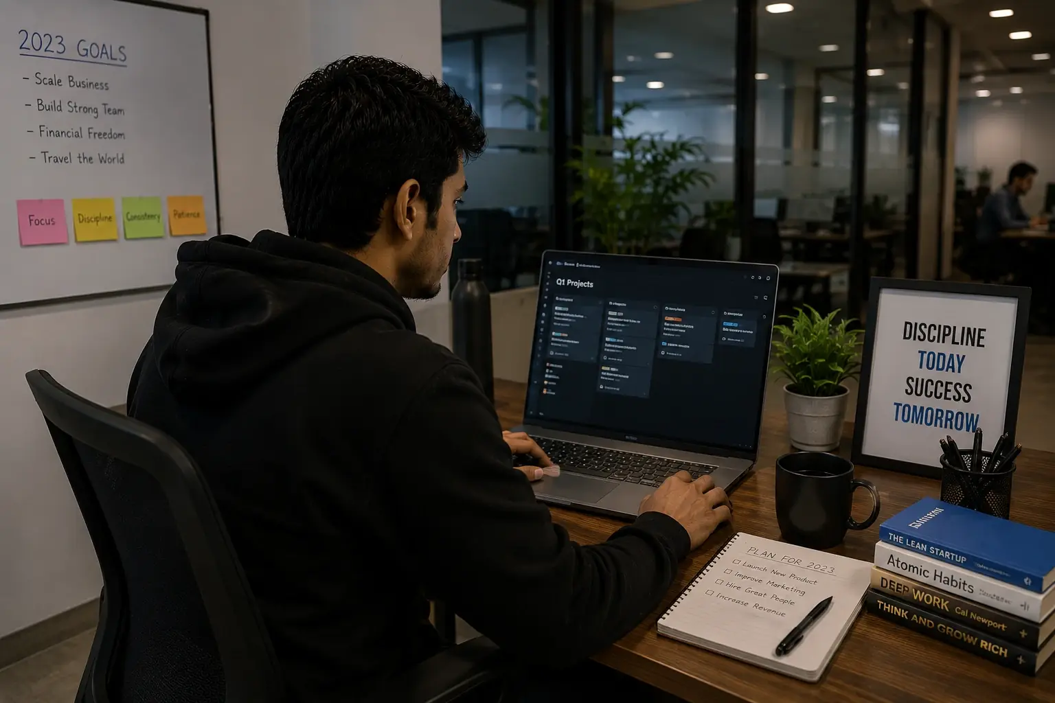 Impact, 2023: managing a list of projects on a laptop in a shared office