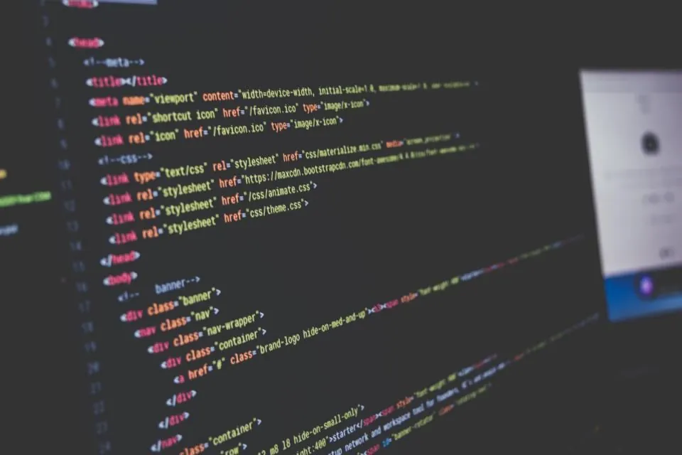 Close-up of website code on a screen, from a modern web technology stack